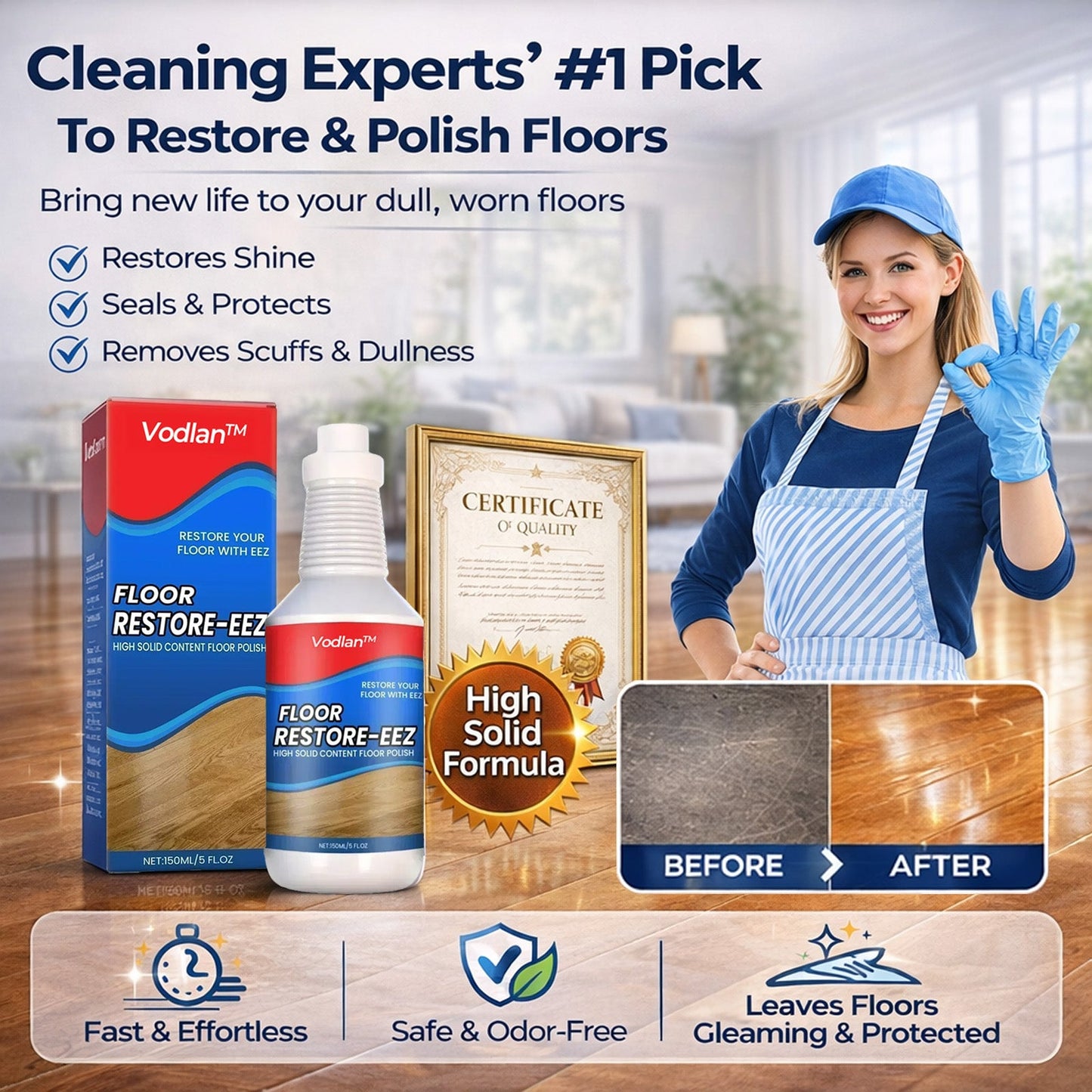 Vodlans™ Floor Restorer – Fast-drying, non-toxic shine. ✨