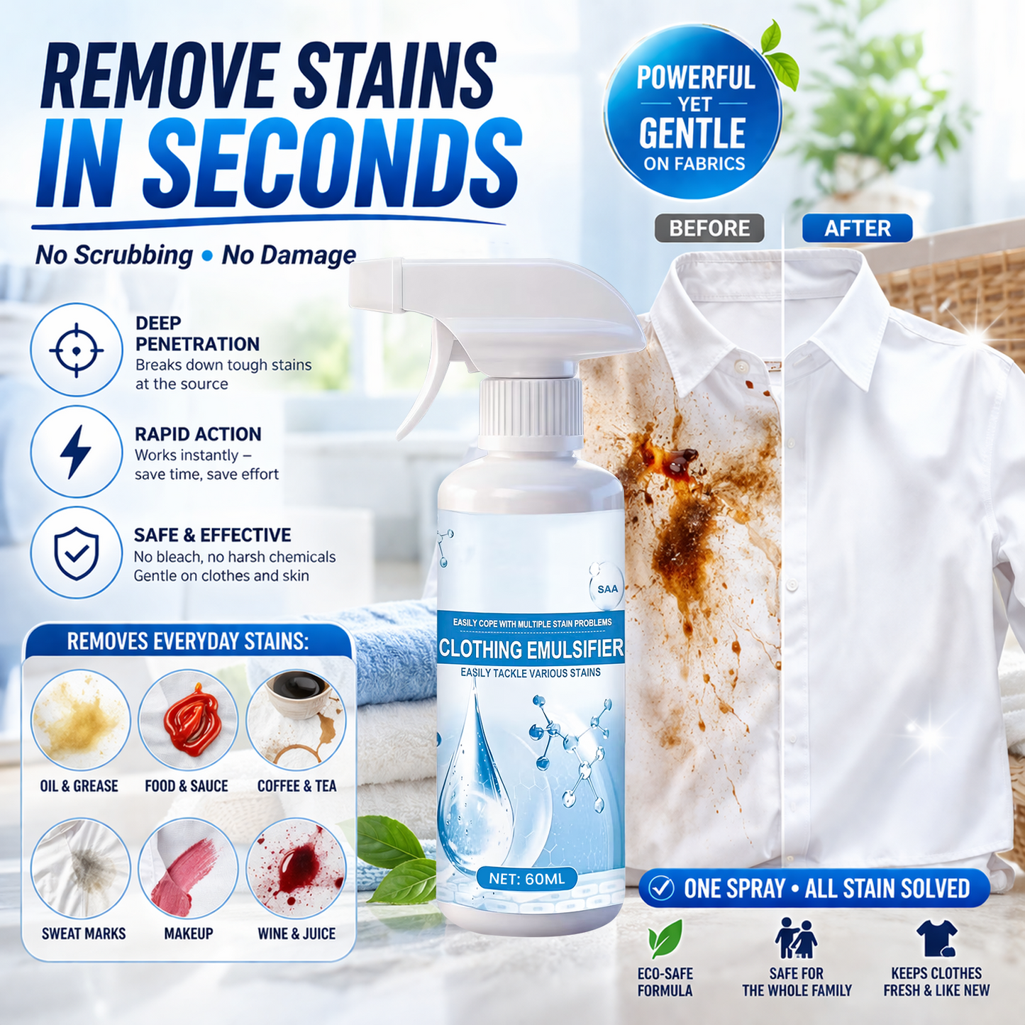 Vodlans™ Stain Remover Spray—Instant Multi-Surface Stain Fix for Clothes, Carpets & Furniture