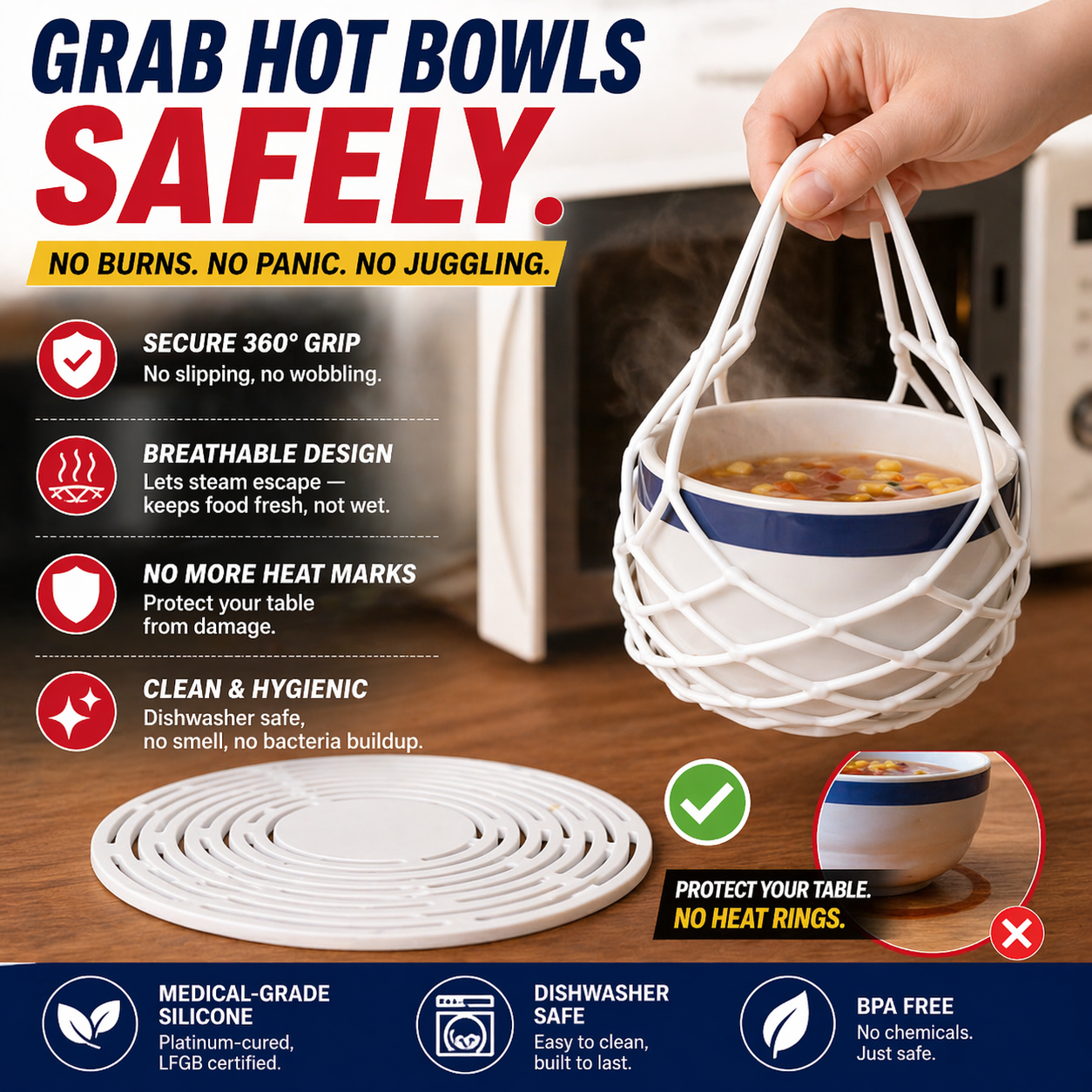 Vodlans™ 2-in-1 Silicone Hot Food Carrier & Heat-Resistant Trivet