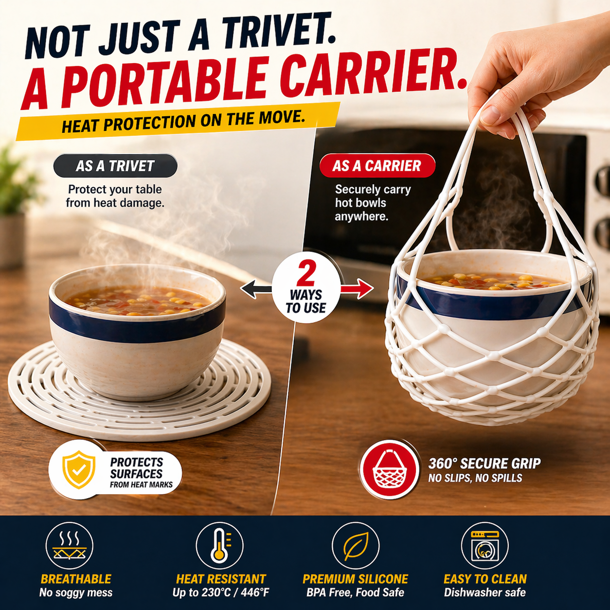 Vodlans™ 2-in-1 Silicone Hot Food Carrier & Heat-Resistant Trivet