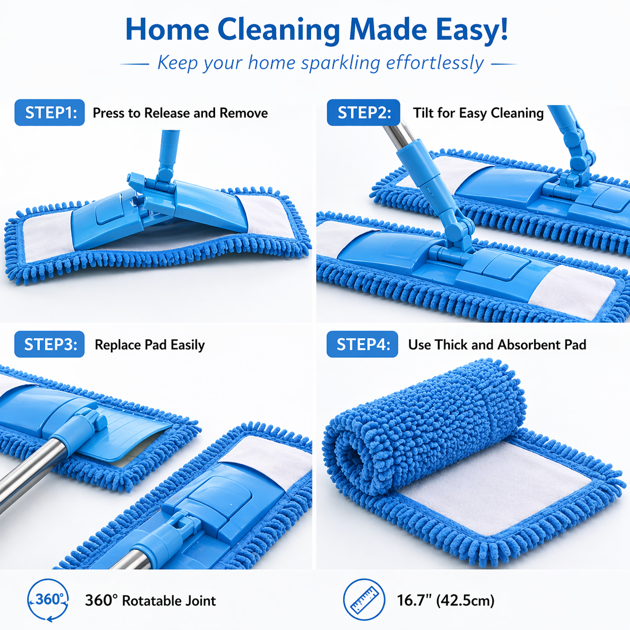 Vodlans™ Detachable Coral Fleece Flat Mop with Stainless Steel Handle