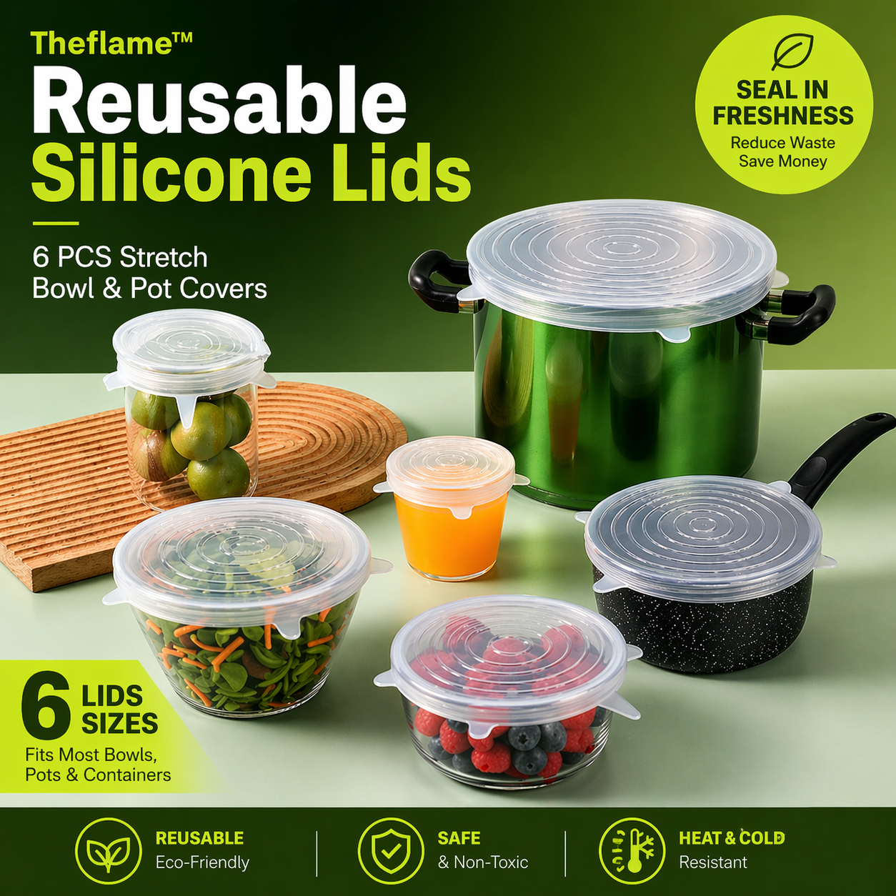 Theflame™ Reusable Silicone Lids — 6 PCS Stretch Bowl & Pot Covers